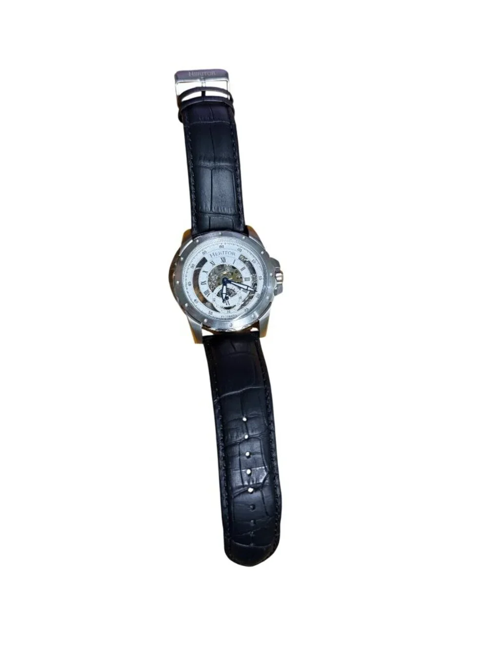 Heritor Automatic Skeleton Watch With Black Leather Strap Stainless Steel Case &